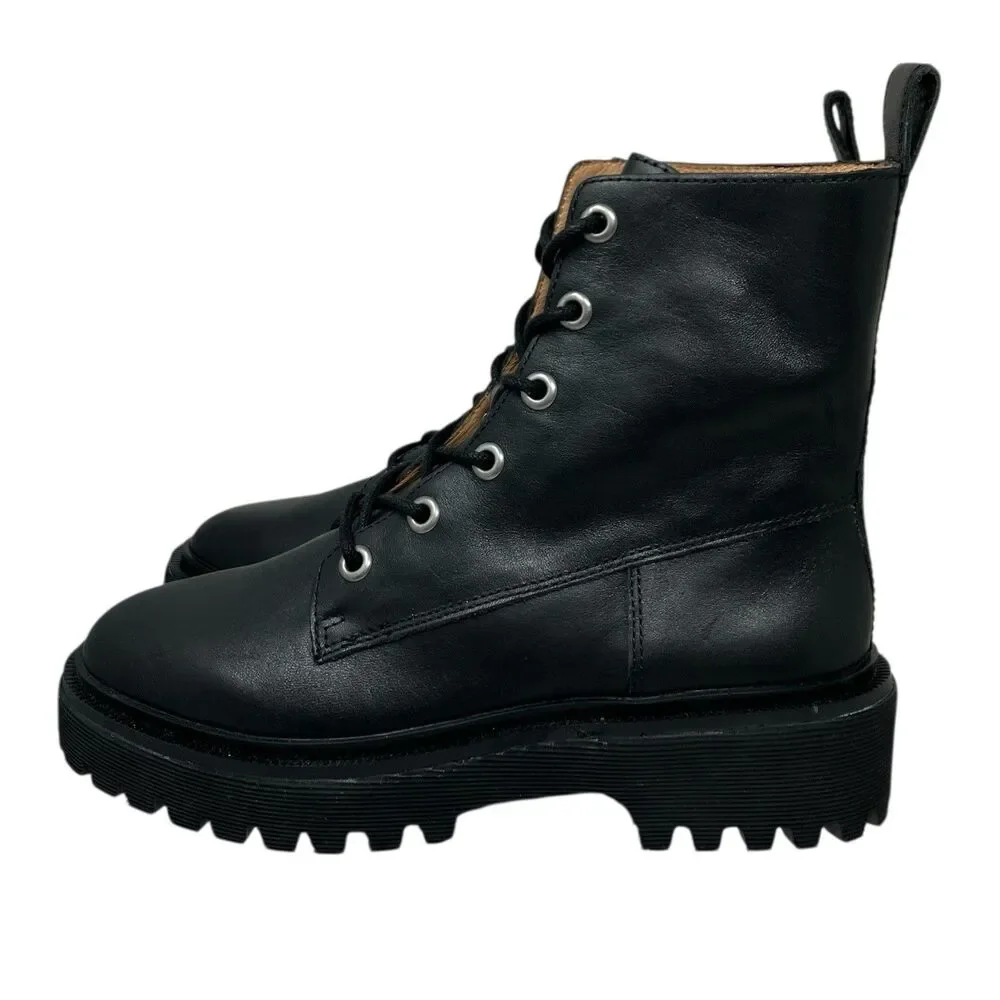 Madewell Black Leather The Shelton Lace-Up Combat Boots Moto New NG667 Womens 7‎